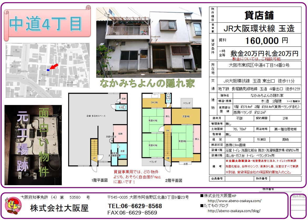 玉造の事業用賃貸物件 なかみちよんの隠れ家